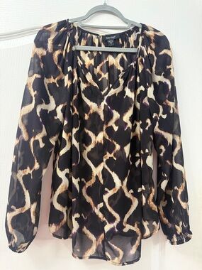 Karen Kane Black and Cream Leopard-Print Long Sleeve Blouse